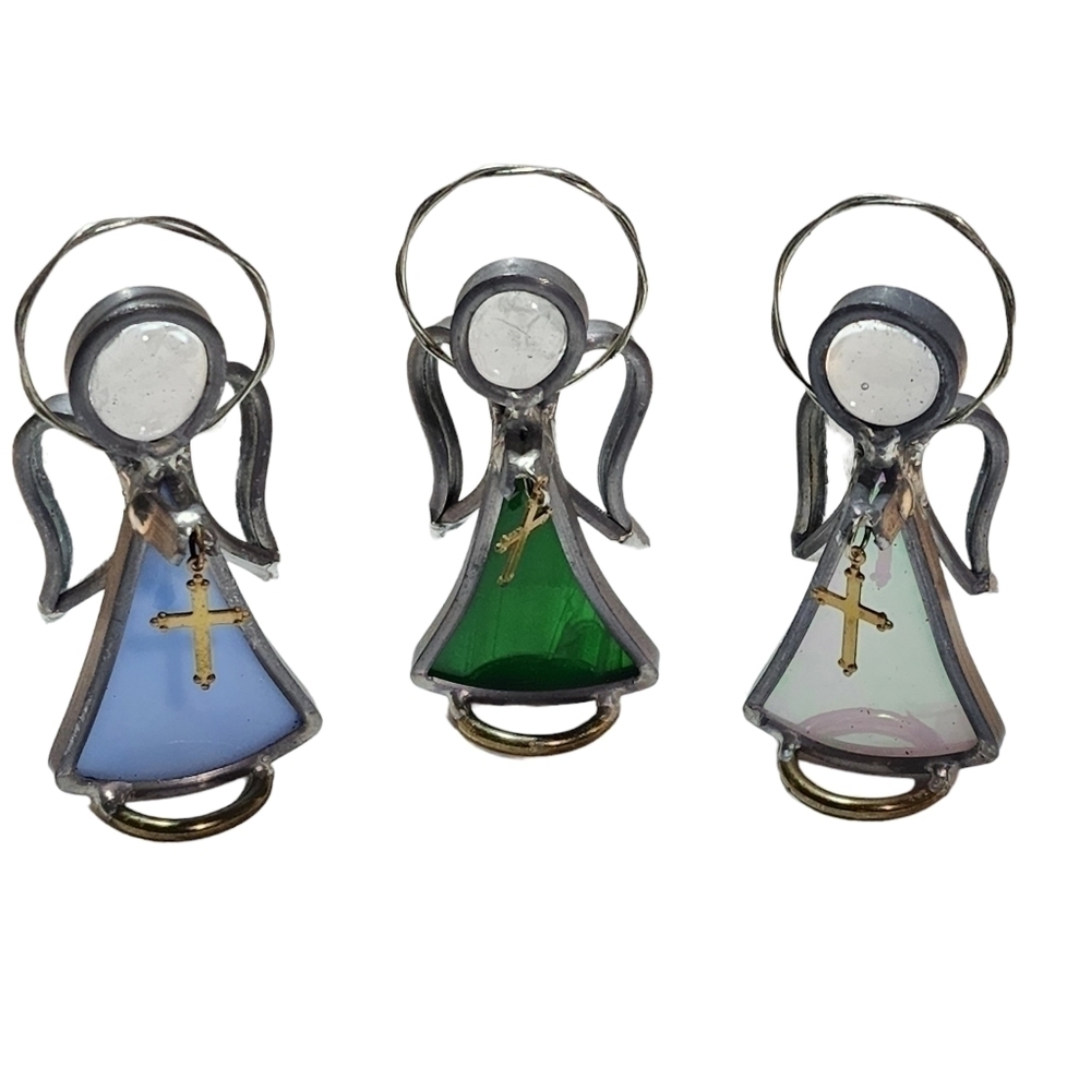 Pewter and Glass tiny Angels holding Goldtone Cross Pink Green Blue
